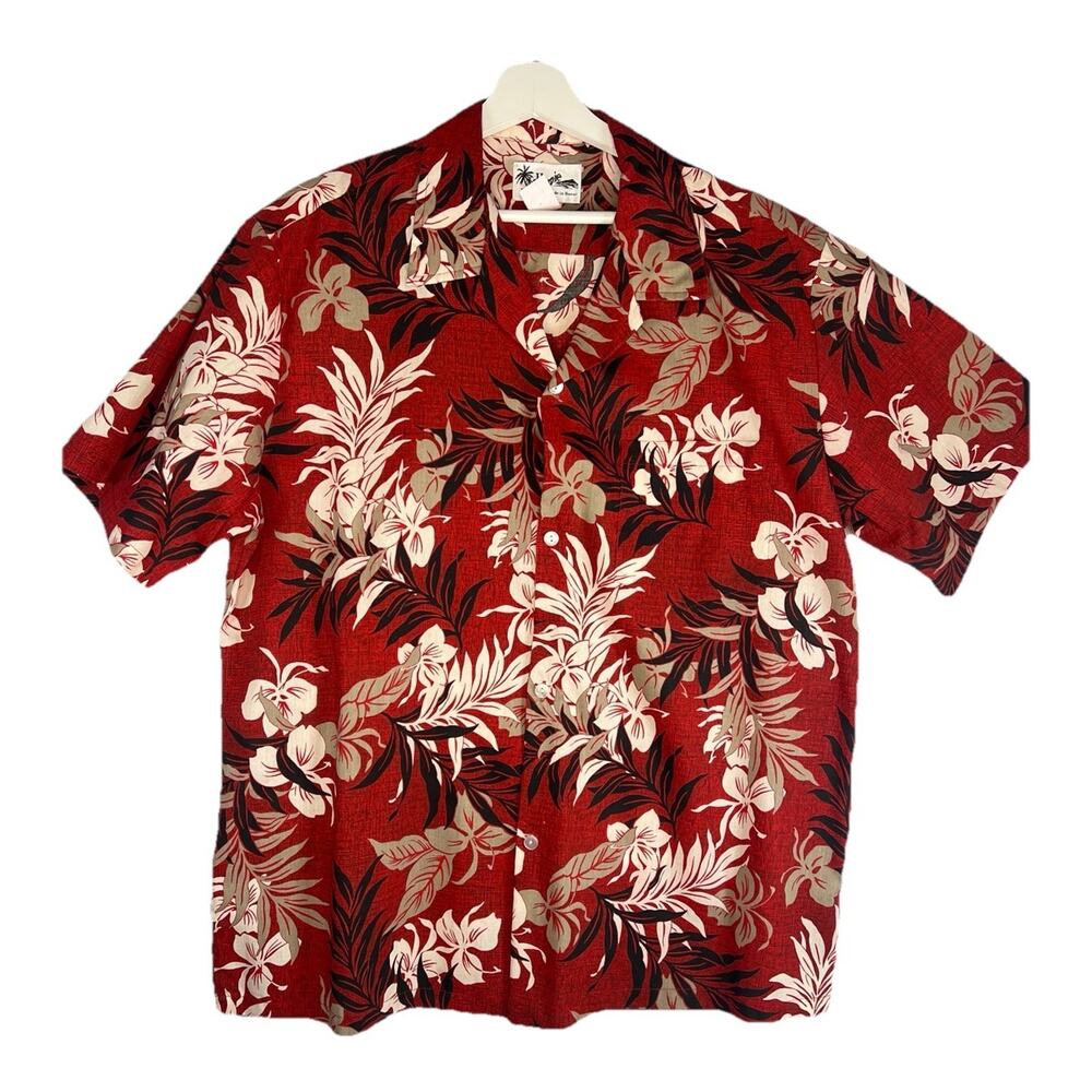 VTG HOWIE Hawaiian Tropical Aloha Shirt Mens L Red Black Tan Palm Hawaii Made